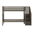 Gray wood twin loft bed frame with built-in staircase and slatted mattress support