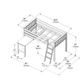 Wooden twin loft bed with ladder and integrated desk — technical line drawing with dimensions 82.5″ (210cm) length, 43″ (110cm) width, 51″ (130cm) height; space-saving kids loft bed for small rooms