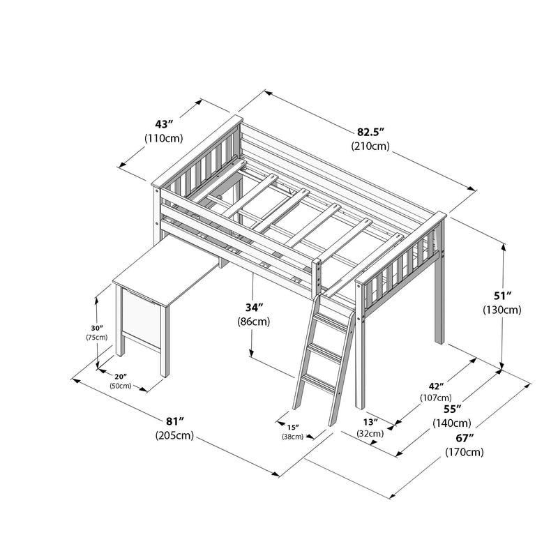 Wooden twin loft bed with ladder and integrated desk — technical line drawing with dimensions 82.5″ (210cm) length, 43″ (110cm) width, 51″ (130cm) height; space-saving kids loft bed for small rooms