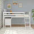 White loft bed with ladder and built-in desk in coastal-themed kids bedroom, light blue walls, framed surf art and cozy pillows