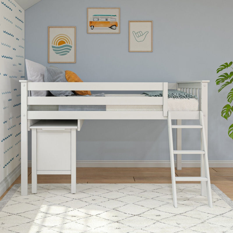 White loft bed with ladder and built-in desk in coastal-themed kids bedroom, light blue walls, framed surf art and cozy pillows