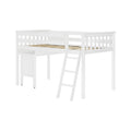 White wooden twin loft bed with ladder, safety guardrails, slatted mattress support and built-in desk with storage underneath — space-saving kids loft bed furniture