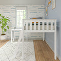 Modern kids bedroom nursery with white loft bed and ladder, ocean wave wallpaper, blue accent wall, potted plant and sunlit window