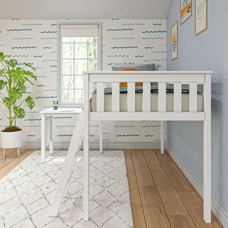 Modern kids bedroom nursery with white loft bed and ladder, ocean wave wallpaper, blue accent wall, potted plant and sunlit window