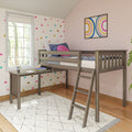 Rustic wooden kids loft bed with built-in desk in pink bedroom, colorful cloud wall decals, rainbow wall art and bright window