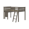 Space-saving grey wood twin loft bed with ladder, slatted guardrails and under-bed storage/desk for kids