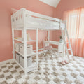 White loft bed with built-in desk and ladder in a pink girls' bedroom with plush shag rug, sheer curtains and storage baskets