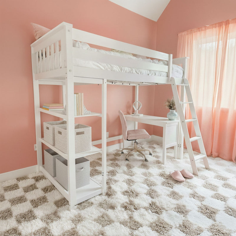 White loft bed with built-in desk and ladder in a pink girls' bedroom with plush shag rug, sheer curtains and storage baskets