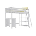 White wooden twin kids loft bed with ladder, safety guardrails, built-in desk and shelving, styled with yellow pillows