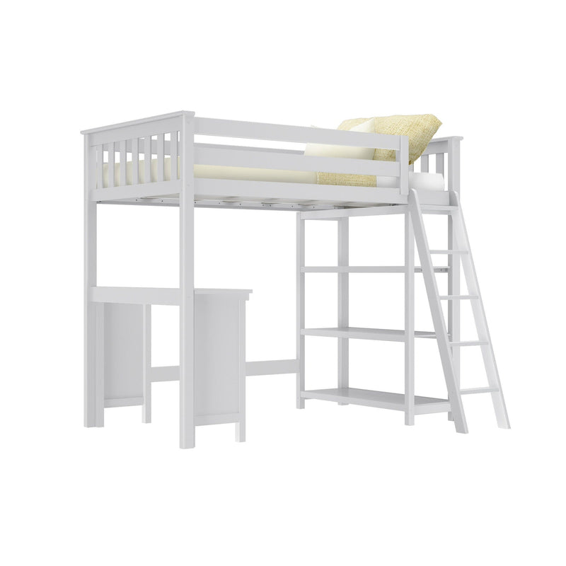 White wooden twin kids loft bed with ladder, safety guardrails, built-in desk and shelving, styled with yellow pillows