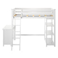 White twin loft bed with ladder, wooden slats and built-in shelves and desk, modern kids loft bed with storage