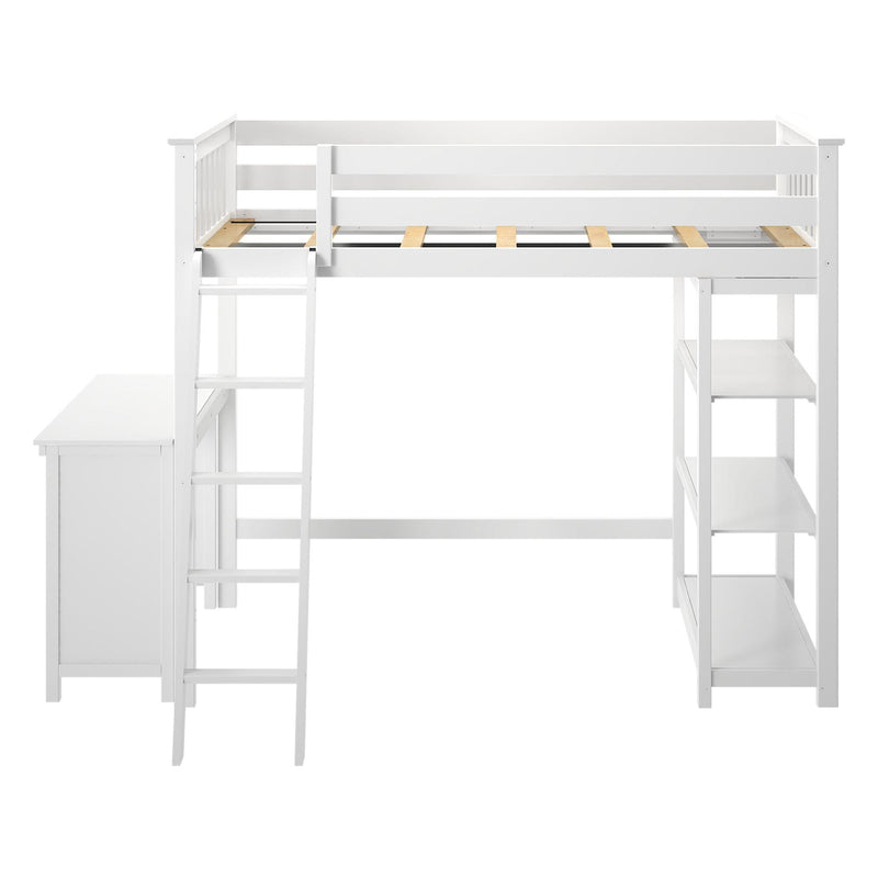 White twin loft bed with ladder, wooden slats and built-in shelves and desk, modern kids loft bed with storage