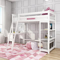 White loft bunk bed with built-in desk in modern pink-and-white kids' bedroom, geometric pink rug, knitted pouf and storage baskets