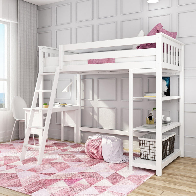 White loft bunk bed with built-in desk in modern pink-and-white kids' bedroom, geometric pink rug, knitted pouf and storage baskets
