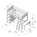 Wooden loft bed with ladder, built-in desk and shelving — isometric assembly diagram showing labeled dimensions in inches and centimeters