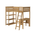 Natural oak wooden loft bed with ladder and integrated open shelving, space-saving twin platform bed ideal for kids' rooms and studio apartments