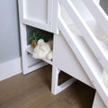 White wooden bunk bed ladder with built-in cubby storage holding a plush teddy bear and potted succulent in a modern kids' bedroom