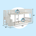 White wooden twin-over-full bunk bed with built-in staircase and storage drawers, 100 in L x 40 in W x 49 in H, 400 lb capacity, space-saving kids loft bed