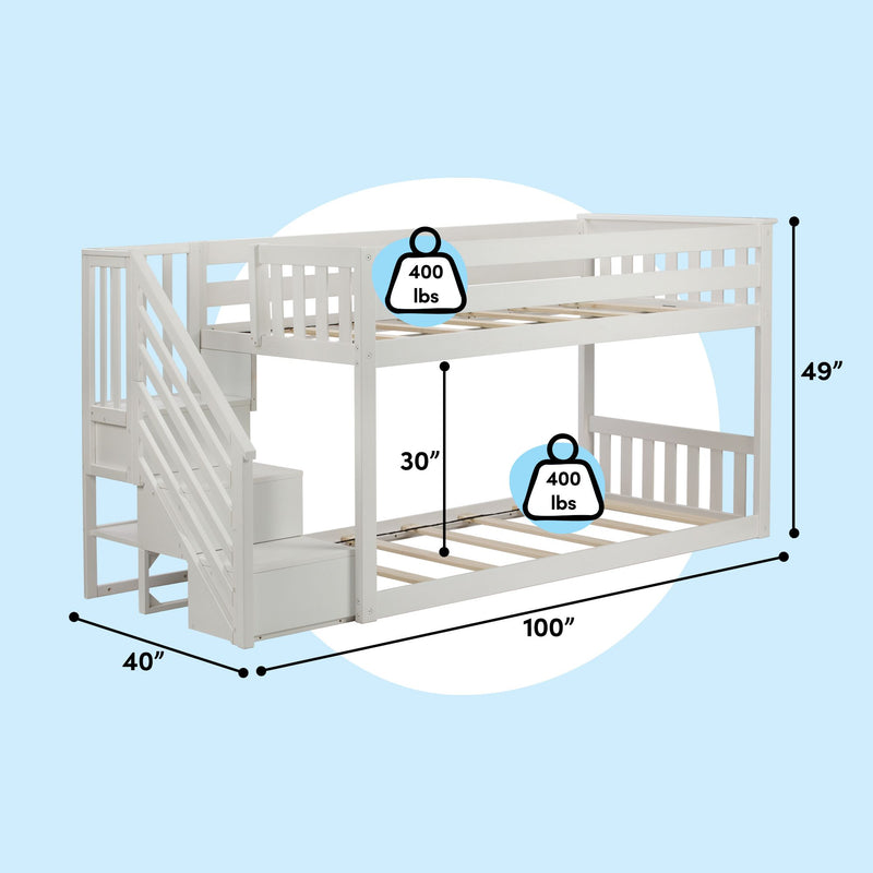 White wooden twin-over-full bunk bed with built-in staircase and storage drawers, 100 in L x 40 in W x 49 in H, 400 lb capacity, space-saving kids loft bed
