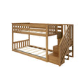 Solid wood bunk bed in natural oak finish with built-in staircase and storage shelves, slatted mattress supports and safety rails — space-saving loft bed for kids' bedroom