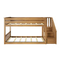 Wooden loft bunk bed with built-in staircase and slatted bed frames in natural finish, space‑saving kids' bedroom furniture