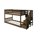 Dark brown wooden twin-over-full bunk bed with slatted platform, built-in storage stairs and safety rails, kids' loft bed frame for bedroom
