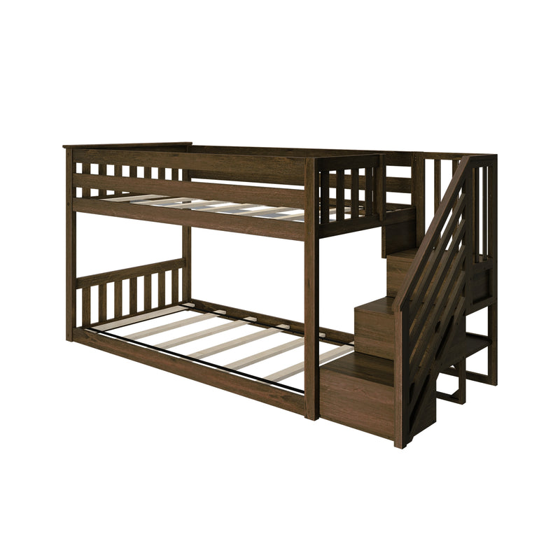 Dark brown wooden twin-over-full bunk bed with slatted platform, built-in storage stairs and safety rails, kids' loft bed frame for bedroom