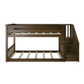 Dark brown wooden loft bunk bed with integrated staircase and storage drawers, slatted mattress supports for space-saving kids' bedroom