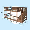 Solid wood loft bunk bed with built-in staircase and storage drawers, slatted upper and lower sleeping platforms with 400 lb weight capacity icons, dimensions 100″ L x 40″ W x 49″ H and 30″ clearance on light blue background