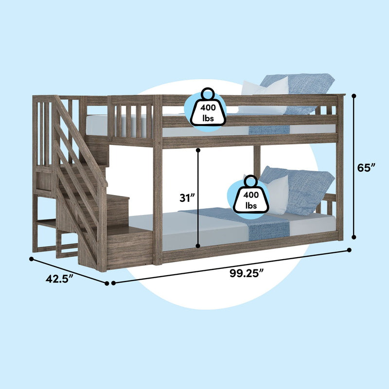 Twin Over Twin Low Bunk Bed With Stairs