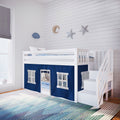 Twin over Twin Low Bunk Bed with Staircase and Curtains