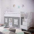White wooden loft bed with stairs and gray playhouse curtain underneath in modern children's bedroom with star and moon wall decor and geometric rug