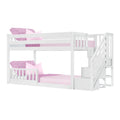 White wooden twin-over-twin bunk bed with staircase and pink bedding, space-saving kids loft bed for children's bedroom