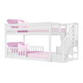 White wooden loft bunk bed with staircase, pink bedding and pillows, guardrails and built-in storage steps for kids' bedroom