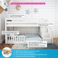 White wooden low-profile kids bunk bed with staircase storage, add-on guardrail and solid pine construction — safe loft bed for young children and low ceilings