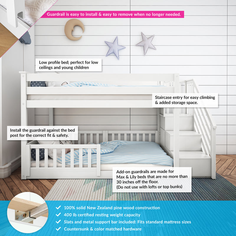 White wooden low-profile kids bunk bed with staircase storage, add-on guardrail and solid pine construction — safe loft bed for young children and low ceilings
