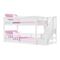 White wooden twin-over-twin bunk bed with staircase and pink bedding, kids' bedroom furniture
