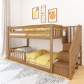 Modern natural wood bunk bed with built-in stairs and yellow bedding in a space-saving kids' room nursery with framed fruit wall art