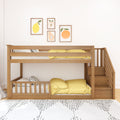 Wooden kids bunk bed with stairs and built-in storage, yellow bedding and fruit wall art in a modern nursery