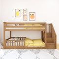 Natural wood bunk bed with stair storage and yellow bedding in a minimalist kids' bedroom with fruit-themed framed wall art on a white wall — nursery decor, children's bedroom design