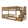 Twin-over-full solid wood bunk bed with built-in staircase and slatted guardrails in a natural oak finish, space-saving kids loft bed