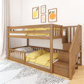 Wooden bunk bed with built‑in staircase, yellow bedding and fruit wall art in modern kids bedroom