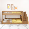 Space-saving wooden bunk bed with built-in stairs, yellow bedding and fruit wall art in a minimalist children's nursery with white walls