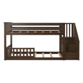 Dark walnut twin-over-full wooden bunk bed with built-in staircase storage, slatted guardrails and wooden platform slats for kids' bedroom
