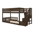 Solid wood twin-over-full bunk bed with staircase and integrated storage, dark espresso finish, slatted guardrails and space-saving kids bedroom loft