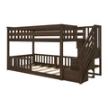 Dark brown solid wood twin-over-full bunk bed with built-in staircase, slatted safety rails and space-saving loft design for kids' bedrooms