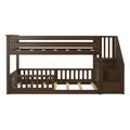 Dark walnut wooden loft-style bunk bed with built-in staircase and safety rails, twin-over-full platform frame with slatted mattress supports