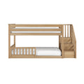 Solid oak wooden twin-over-full bunk bed with built-in staircase and storage drawers, white bedding, modern kids bedroom furniture