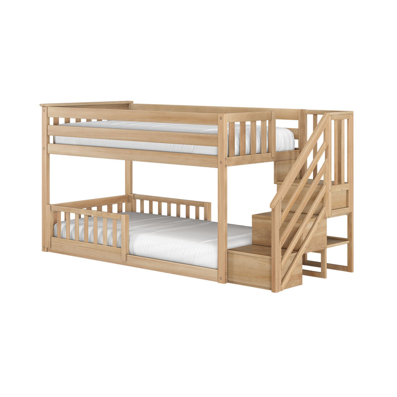 Loft-style natural wood bunk bed with staircase storage, slatted guardrails and white mattresses ideal for kids' bedrooms