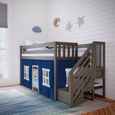 Kids gray wooden loft bunk bed with stairs and navy playhouse curtain in bright children's bedroom with striped rug and star, moon and cloud wall decor on white shiplap